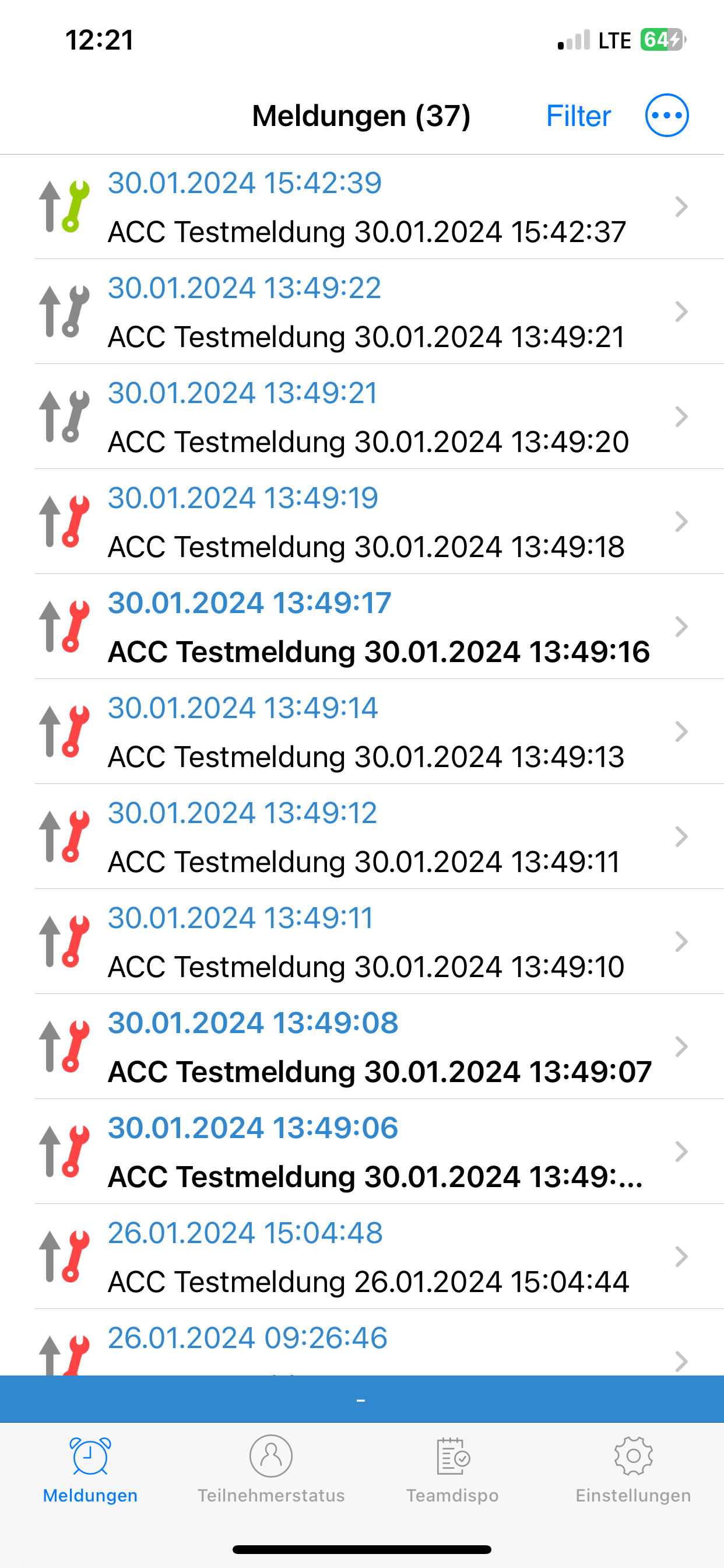 ACC-App Meldungsübersicht auf iOS